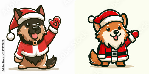 German Shepherd Dog wearing a Santa outfit waving a hand a simple vector graphic of festive cheer