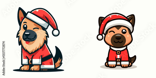 German Shepherd Dog wearing a Santa outfit winking a simple vector graphic of a festive canine.