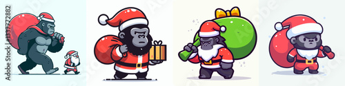 Gorilla wear Santa Claus costumes carrying a large object a simple vector graphic depicting festive primate strength.