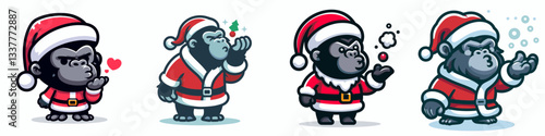 Gorilla wear Santa Claus costumes blowing a kiss a simple vector graphic depicting festive primate cheer