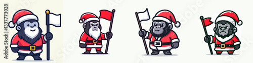 Gorilla wear Santa Claus costumes holding a flag a simple vector graphic depicting festive primates celebrating.