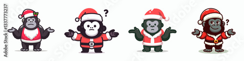 Gorilla wear Santa Claus costumes shrugging minimalist vector graphic depicting a festive primate.