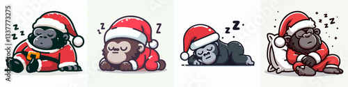 Gorilla wear Santa Claus costumes sleeping peacefully a minimalist vector drawing depicts a primate's festive slumber.