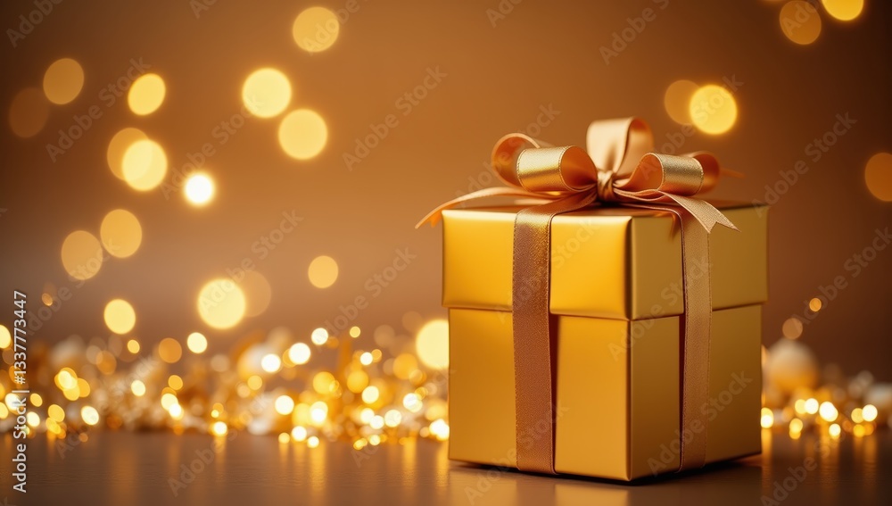 Elegant Golden Gift Box with Ribbon and Soft Bokeh Light Effects Elegant Golden Gift Box with Ribbon and Soft Bokeh Light Effects