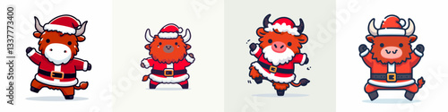 Highland Cow wear Santa Claus Costumes Dancing Grooving joyfully a simple vector outline graphic