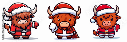 Highland Cow wear Santa Claus Costumes giving a thumbs down simple vector graphic illustration depicting grumpy festive cattle