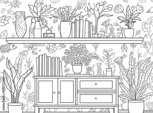 Cute home interior scene for a coloring book with simple line art: a cabinet and shelf full of books, vases, plants, an aquarium, and a table in the center with flowers on it
