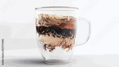 Close-up studio shot of a double-walled glass mug filled with coffee. The coffee appears layered, showing variations in color and texture. The mug has a clear glass construction, showcasing the