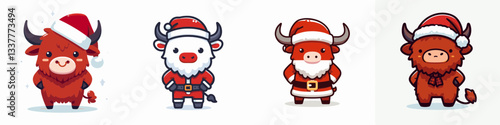 Highland Cow wear Santa Claus costumes hands on hips a minimalist vector graphic drawing of festive bovine cheer