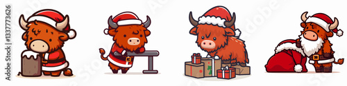 Highland Cow wearing Santa Claus costumes leaning on a fence a minimalist vector drawing shows festive Scottish cattle.
