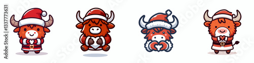 Highland Cow wearing Santa Claus costumes making a heart with hands a simple vector graphic doodle of festive bovine love
