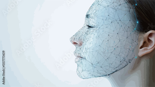 Close-up profile view of a woman's face with a textured gray facial mask applied. The mask covers most of her face, leaving only her ear and part of her neck visible.  The background is a plain,