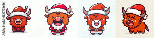 Highland Cow wear Santa Claus costumes laughing with mouth open simple vector illustration showing festive Scottish cattle joy.