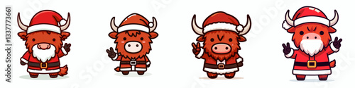 Highland Cow wear Santa Claus costumes making a peace sign vector graphic simple festive winter doodle illustration