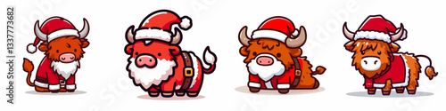 Highland Cow wear Santa Claus Costumes Leaning Forward a simple vector graphic of jolly bovine holiday cheer
