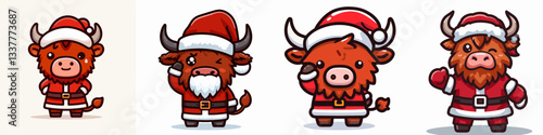 Highland Cow wear Santa Claus Costumes Raising One Eyebrow vector graphic a festive minimalist doodle illustration