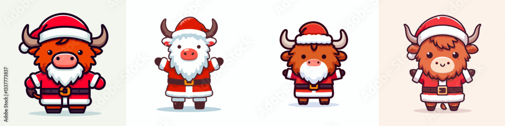 Highland Cow wear Santa Claus costumes standing with arms open wide in a simple vector graphic illustration. Highland Cow wear Santa Claus costumes standing with arms open wide in a simple vector graphic illustration.