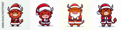 Highland Cow wear Santa Claus Costumes Smiling with arms crossed a simple vector graphic shows festive Scottish cattle.
