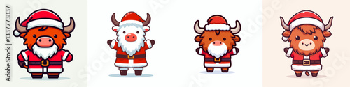 Highland Cow wear Santa Claus costumes standing with arms open wide in a simple vector graphic illustration.