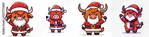 Highland Cow wearing Santa Claus costumes waving hand a simple vector graphic for a festive holiday card