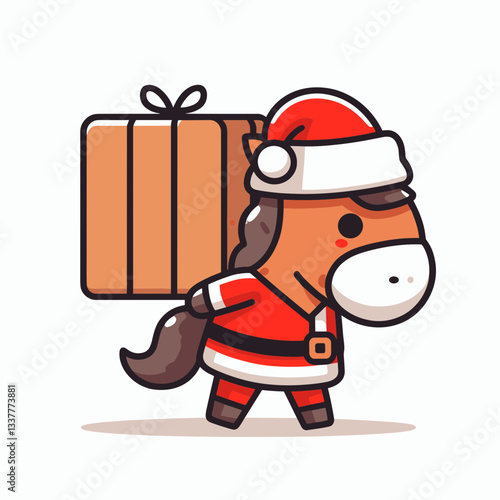Horse wear Santa Claus costumes carrying a large object vector graphic a jolly Christmas scene