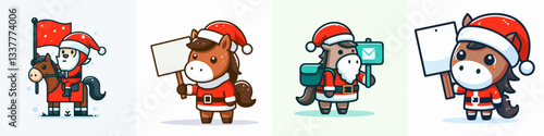 Horse wear Santa Claus costumes holding a flag; create a simple vector graphic illustration of this festive scene