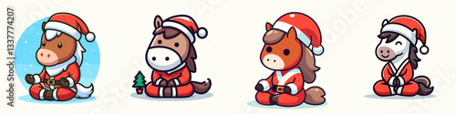 Horse wear Santa Claus costumes sitting crosslegged a minimalist vector drawing depicts jolly equine holiday spirit