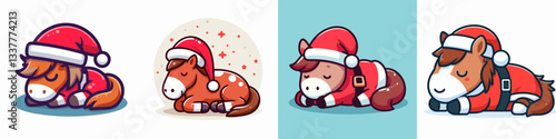 Horse wear Santa Claus costumes sleeping or resting peacefully a minimalist vector drawing