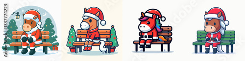 Horse wear Santa Claus costumes sitting on a bench a simple vector graphic of jolly equine holiday cheer