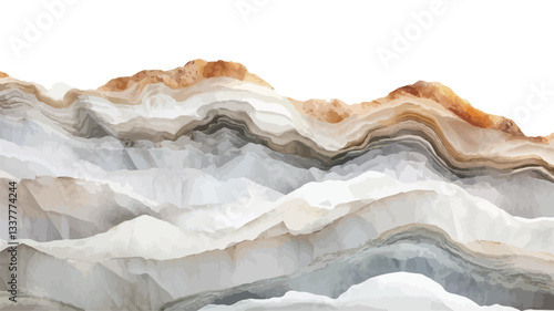 Close-up shot of a polished agate slice against a white background. The image showcases a detailed view of the stone's layered structure, with undulating bands of white, grey, brown, and orange