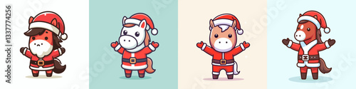 Horse wear Santa Claus costumes standing with arms open a minimalist vector graphic depicting jolly holiday spirit