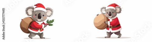 Koala wear Santa Claus costumes carrying a large object a minimalist vector drawing of festive marsupials
