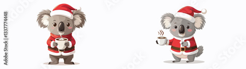 Koala wear Santa Claus costumes holding a cup of hot chocolate vector drawing a festive winter scene