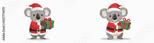 Koala wear Santa Claus costumes holding a present vector illustration a festive Christmas graphic simple design