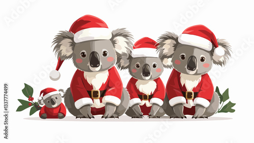 Koala wear Santa Claus costumes leaning forward a minimalist vector drawing shows festive Aussie spirit