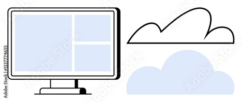 Computer monitor displaying segmented interface beside outlined and filled cloud shapes. Ideal for technology, cloud storage, online services, data access, digital tools, software, innovation. Flat