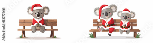 Koala wear Santa Claus costumes sitting on a bench a simple vector graphic depicts a festive Christmas scene.