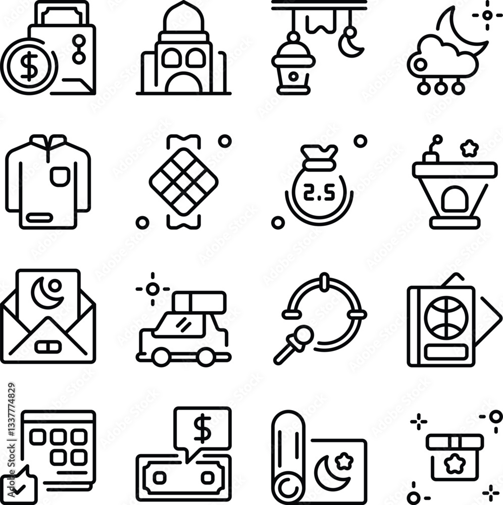 Eid Al-Fitr icon set. Includes business of Eid Mubarak, Eid al-Fitr, Islamic festival, crescent moon, mosque, and More. Outline icons vector collection Eid Al-Fitr icon set. Includes business of Eid Mubarak, Eid al-Fitr, Islamic festival, crescent moon, mosque, and More. Outline icons vector collection