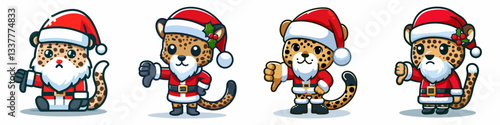 Leopard wear Santa Claus costumes giving a thumbs down minimalist vector graphic depicting festive feline disapproval.