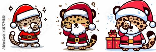 Leopard wear Santa Claus costumes facepalm gesture minimalist vector drawing a silly Christmas scene