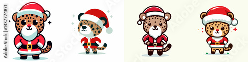 Leopard wear Santa Claus costumes hands on hips a minimalist vector drawing of festive big cats.