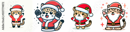 Leopard wear Santa Claus costumes hands raised in celebration a joyful Christmas vector graphic doodle