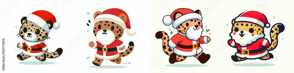 Leopard wear Santa Claus costumes running: a simple vector graphic of spotted big cats dashing through winter snow. Leopard wear Santa Claus costumes running: a simple vector graphic of spotted big cats dashing through winter snow.