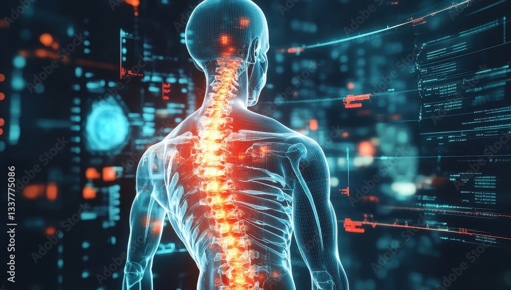 Futuristic digital display of a human spine with technological elements. Futuristic digital display of a human spine with technological elements.