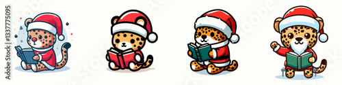 Leopard wear Santa Claus costumes reading a book vector graphic a cozy Christmas scene.