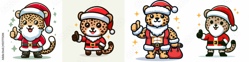 Leopard wear Santa Claus costumes thumbs up vector graphic simple minimalist doodle showing festive jungle spirit Leopard wear Santa Claus costumes thumbs up vector graphic simple minimalist doodle showing festive jungle spirit