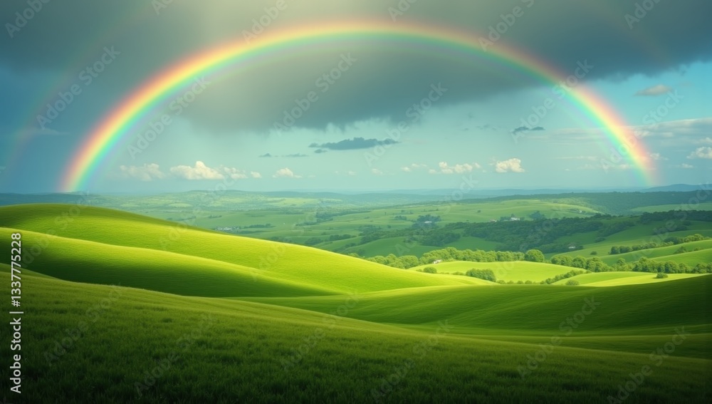 Obraz premium Utopian Landscape with Rolling Green Hills and Bright Double Rainbow
