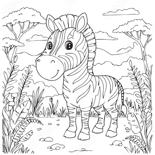 Zebra illustration in savana for coloring book