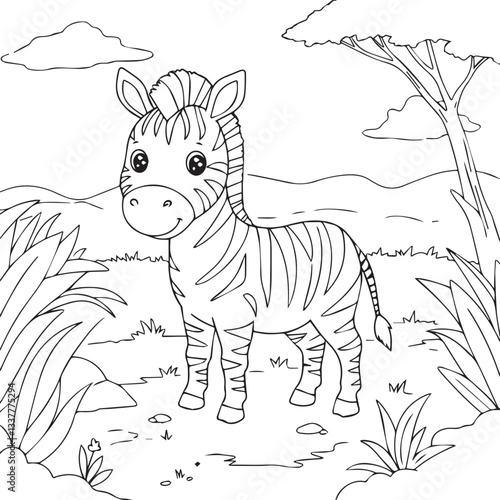 Zebra illustration in savana for coloring book
