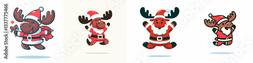 Moose wear Santa Claus costumes jumping with joy a simple vector graphic depicting happy holiday spirit